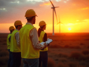 Ingenieros geotécnicos en parque eólico en atardecer