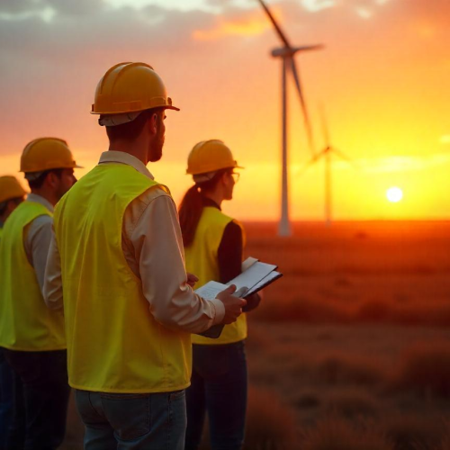 Ingenieros geotécnicos en parque eólico en atardecer